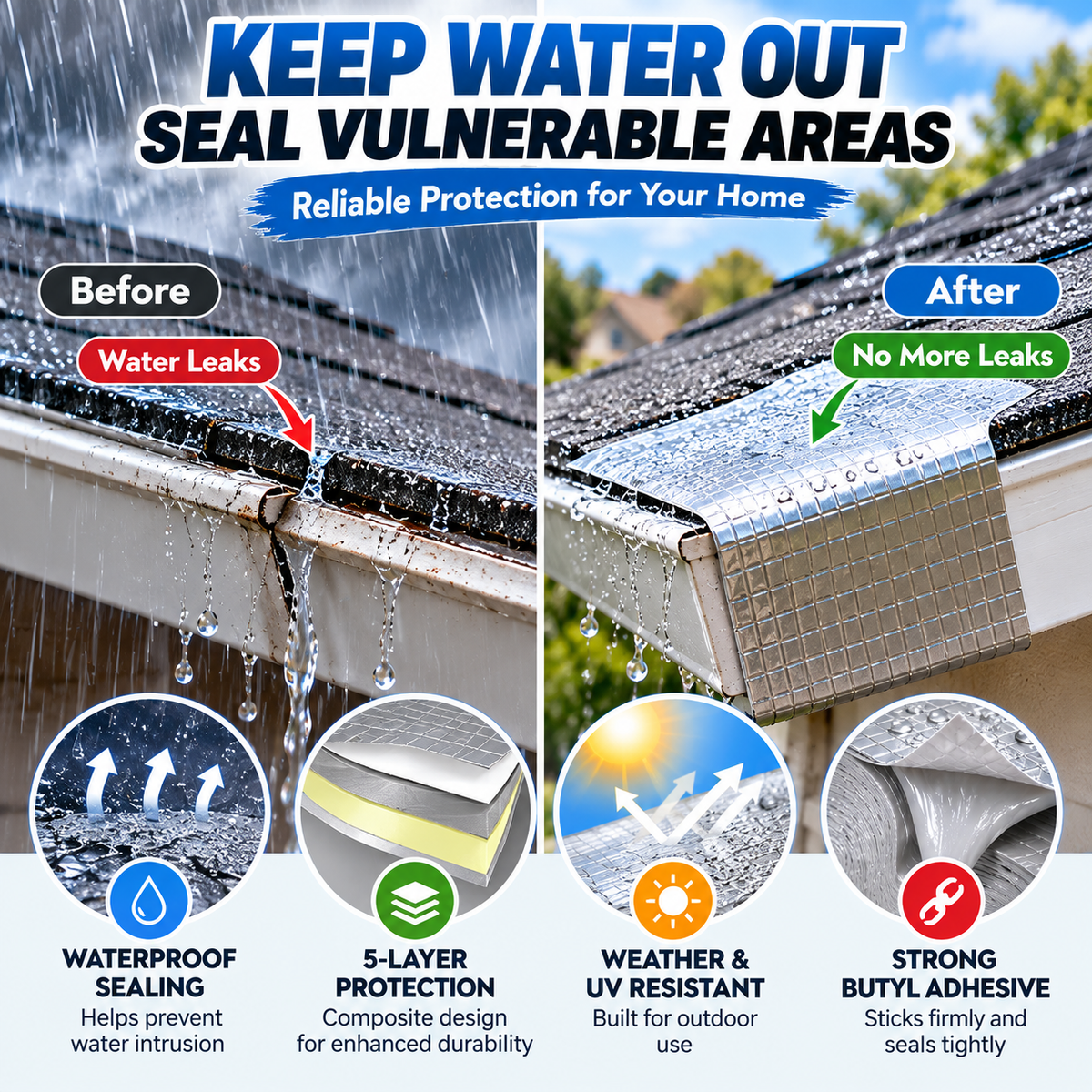 🏠 5-Layer Heavy-Duty Waterproof Butyl Tape – Self-Adhesive Roof Leak Repair & Sealing Tape