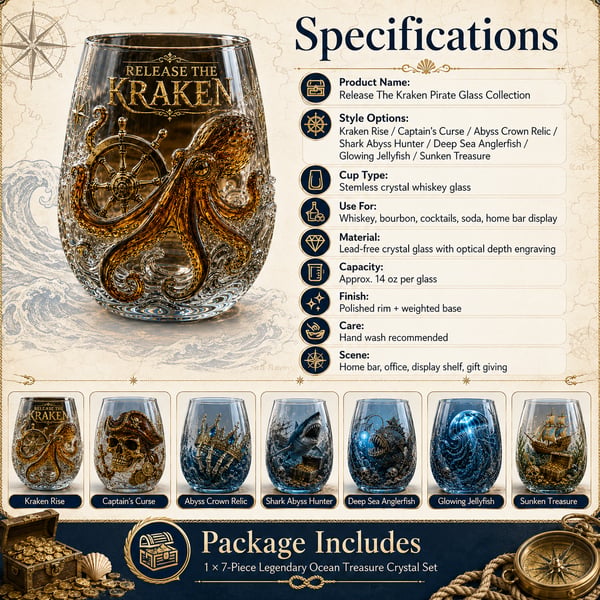 🌊 7-Piece Legendary Ocean Treasure Crystal Set for Whiskey Lovers & Home Bar Collectors ⚓✨
