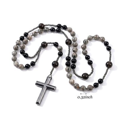 Natural Obsidian & Yooperlite Cross Rosary Necklace