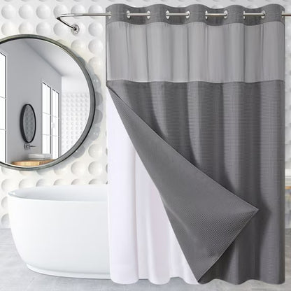 Hookless Shower Curtain with Snap-in Liner – Waterproof Double-Layer Design – Fabric Curtain with Waterproof Liner (White)