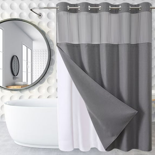 Hookless Shower Curtain with Snap-in Liner – Waterproof Double-Layer Design – Fabric Curtain with Waterproof Liner (White)