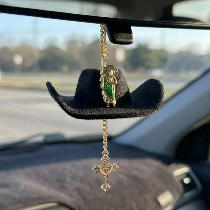 St. Jude Car Blessing Charm. Handmade Protection Gift Decoration, Black Sombrero Car Ornament Car Trinkets