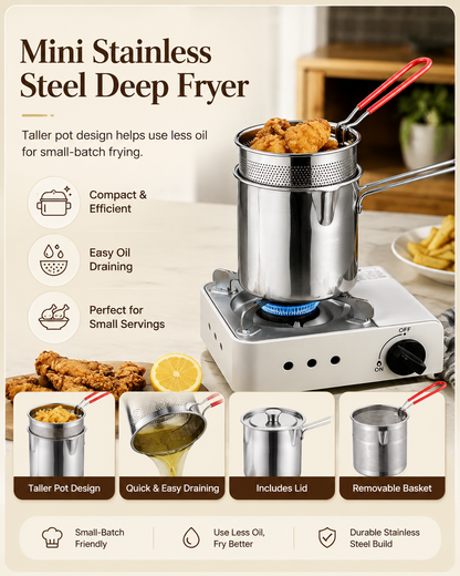 🍳Stainless Steel Deep Fryer Set - 1-Person Mini Pot with Fry Pot, Filter Basket & Food Clip
