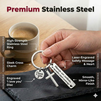 Keychain with Cross and "I Love You" Charm – Stainless Steel "Drive Safely" Ring (Spanish Inscription)