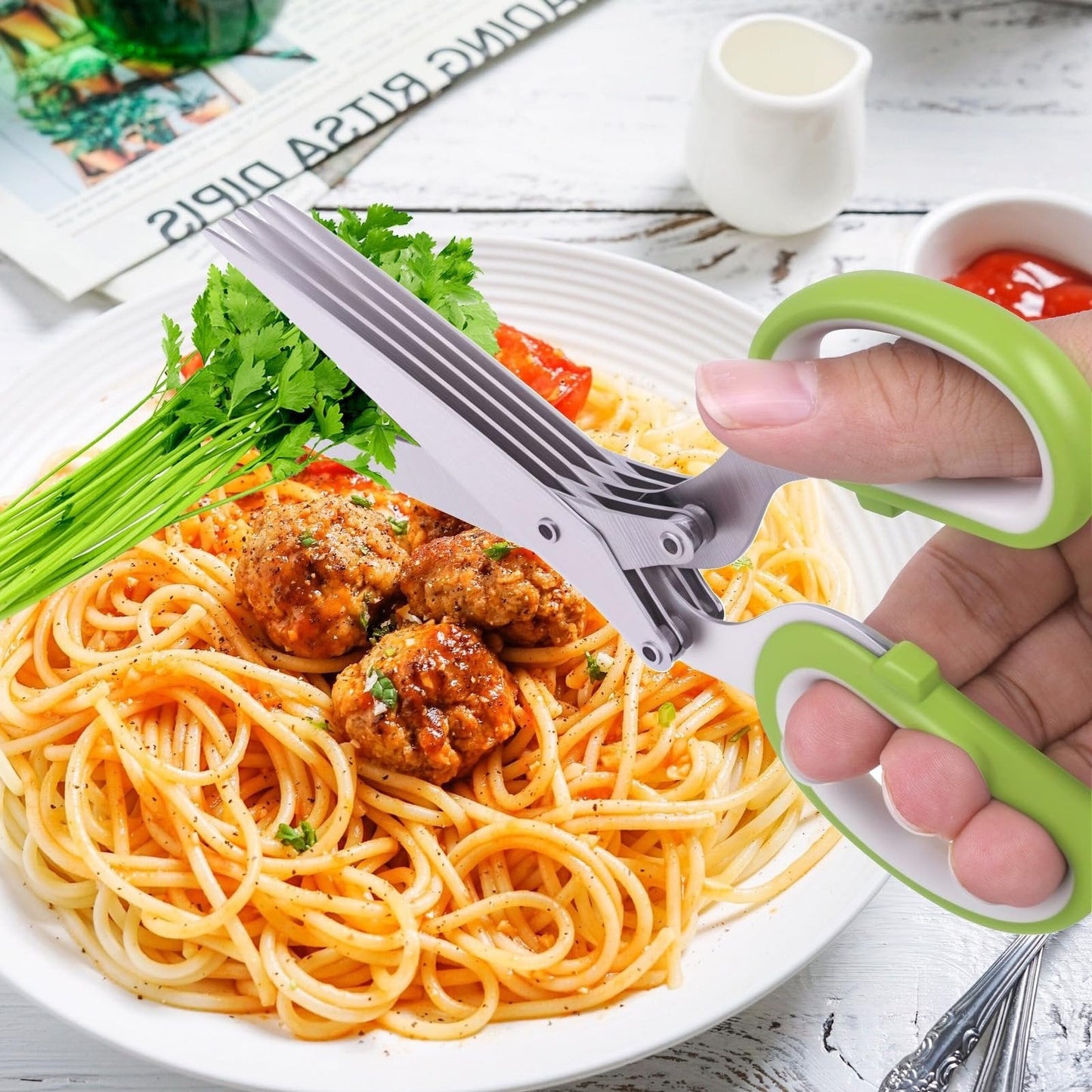 ✂️Herb Scissors 5 Blade Kitchen Shears, Multipurpose Herb Cutter with Safety Cover & Cleaning Comb for Basil Chive Parsley