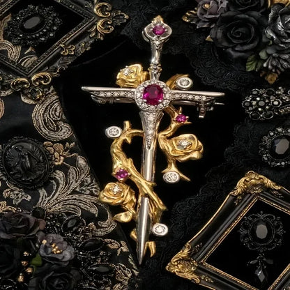 🥀 Gothic Rose & Dagger Brooch | Sculpted Golden Roses • Silver-Tone Blade • Ruby-Red Accents 🗡️