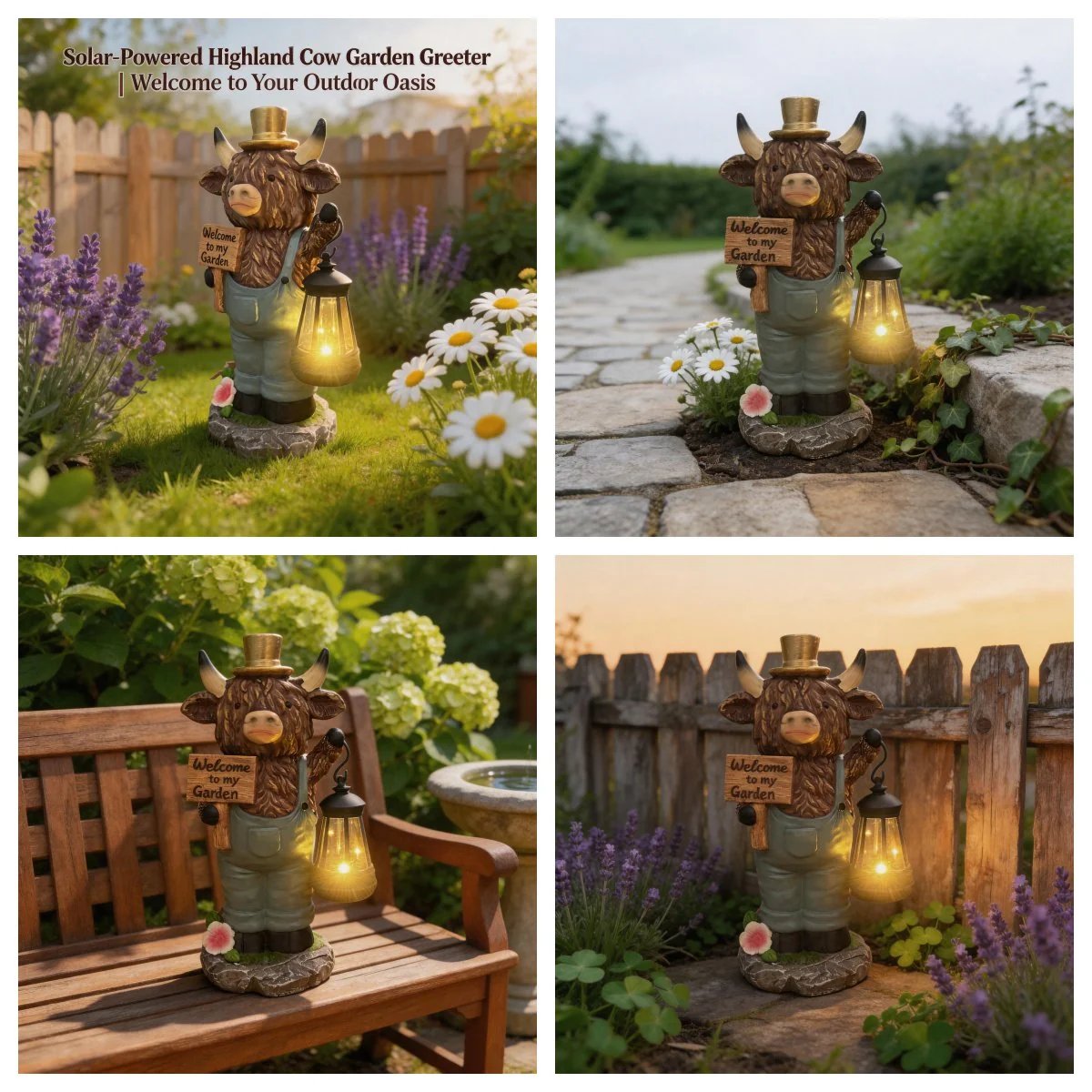 Handcrafted Solar-Powered Scottish Highland Bull Garden Welcome Light