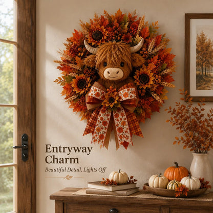 🍂🐮Autumn Highland cow wreath decoration with lights