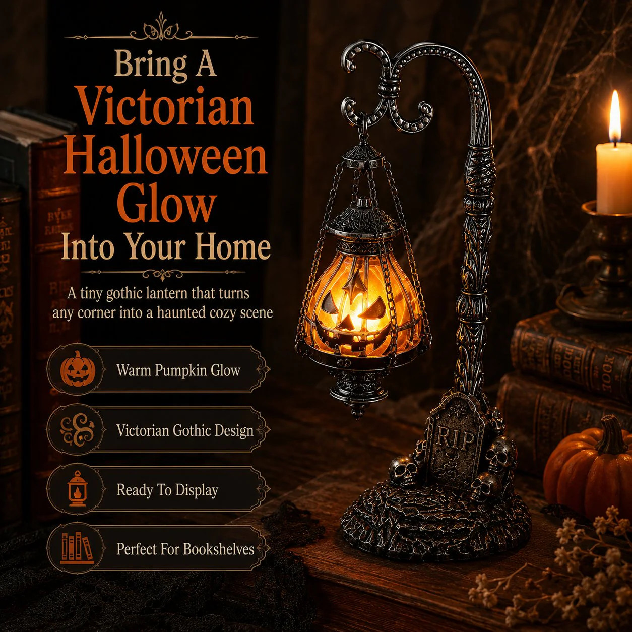 🔥Halloween Early Bird Sale🎃 Gothic Pumpkin Lantern Stand | Warm Orange LED Glow, Victorian Skull Details & Haunted Shelf Decor 🕯️