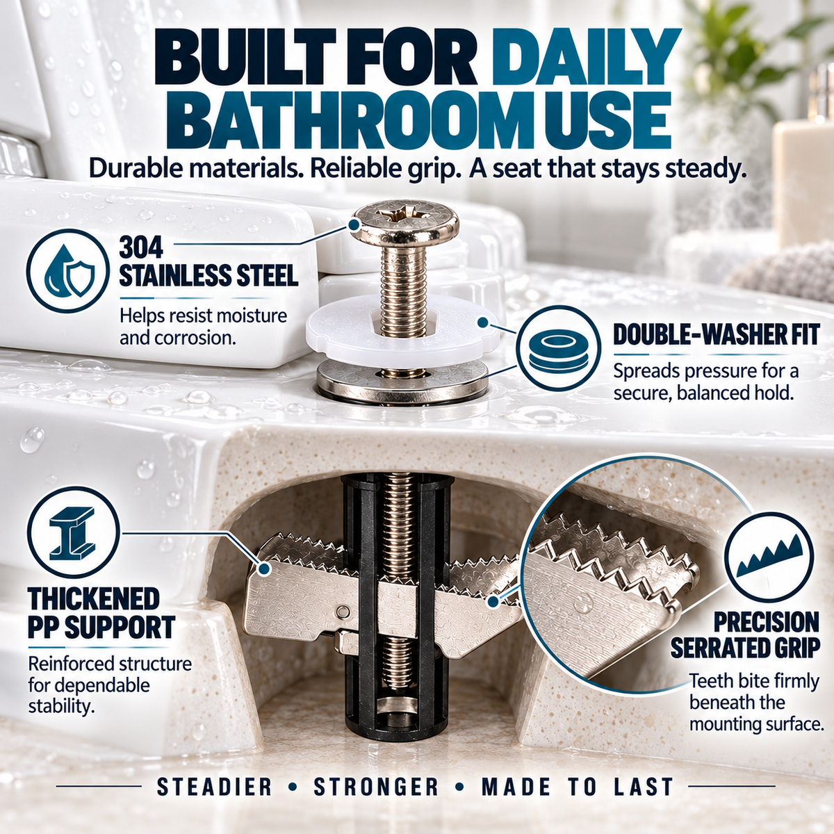🔒 Universal Locking Toilet Seat Fixing Bolt – 304 Stainless Steel Quick-Lock Kit with 2 Washers