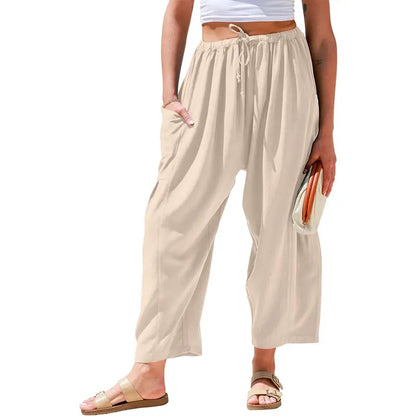 Womens Polyester Wide Leg Pants Casual Loose Fit Beach Palazzo Harem Pants with Pockets Spring Summer Style