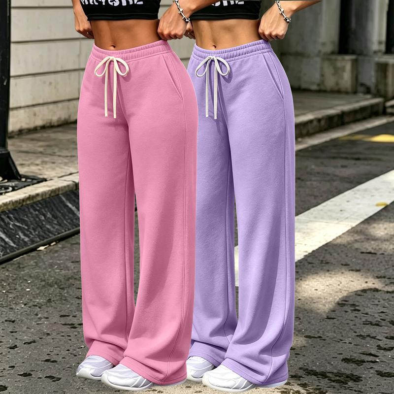 Purebeat Women's 2-Pack Fleece Elastic-Waistband Baggy Sweatpants - Wide-Leg Casual Chic Comfy Pants with Side Pockets, Solid Color Clothes, Elastic Drawcord, Machine-Washable Non-Sheer Fabric
