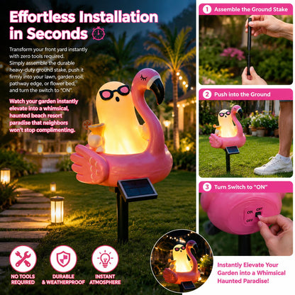Solar Halloween Ghost Garden Stake Lights — Cute Ghost with Sunglasses in Pink Flamingo Pool Float Outdoor Decor, Waterproof Solar Powered Pathway Landscape Lighting for Yard, Lawn, Patio Gift