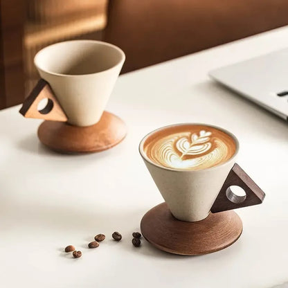 Hot 48% OFF☕✨ Conical Ceramic Coffee Cup with Acacia Wood Base
