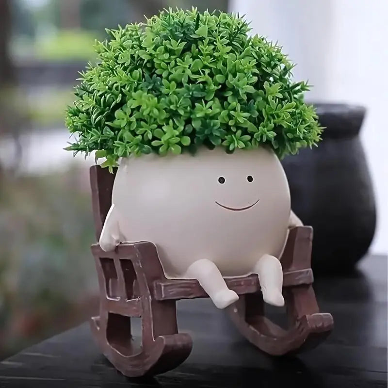 Smily Face Garden Planter Pot 1 Piece Cartoon Design Resin Pot for Indoor Plants Cute Chair Shape Succulent Flower Pots with Drain Hole Decorative for Home Office Desk