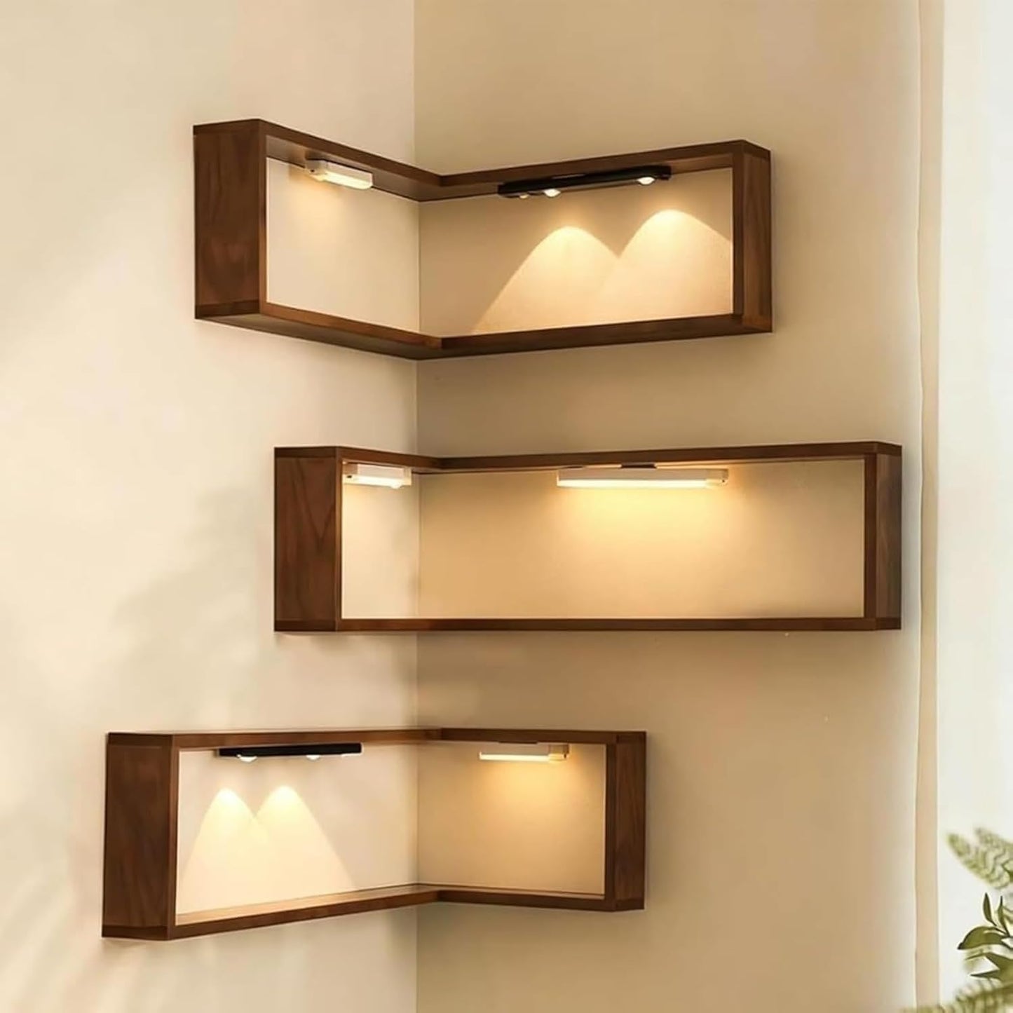 🪵 L-Shaped Corner Floating Wall Shelves with LED Lights