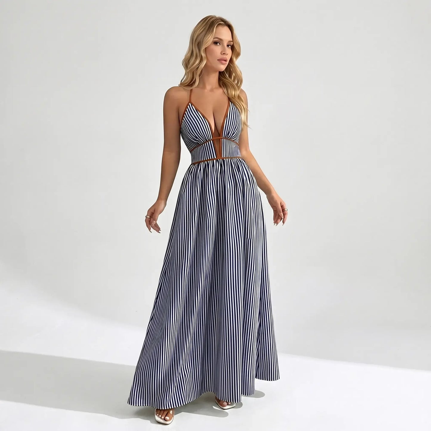 🔥2026 NEW ARRIVAL🔥Women's Elegant Pinstripe Deep V Neckline Adjustable Halter Maxi Dress