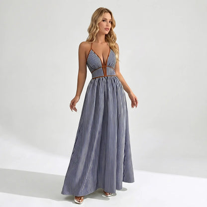 🔥2026 NEW ARRIVAL🔥Women's Elegant Pinstripe Deep V Neckline Adjustable Halter Maxi Dress