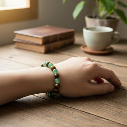 💙 Money Attraction Green Aventurine & Tiger Eye Elastic Crystal Bracelet for Men Women, Friendship Daily Wear