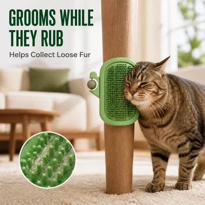3-in-1 Cat Corner Groomer – Scratcher, Massage Brush & Catnip Toy