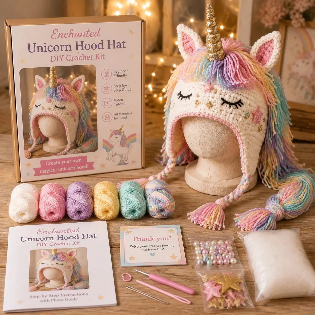 🐉🧶 Fantasy Hood Hat DIY Crochet Kit – Stitch Your Own Magical Character