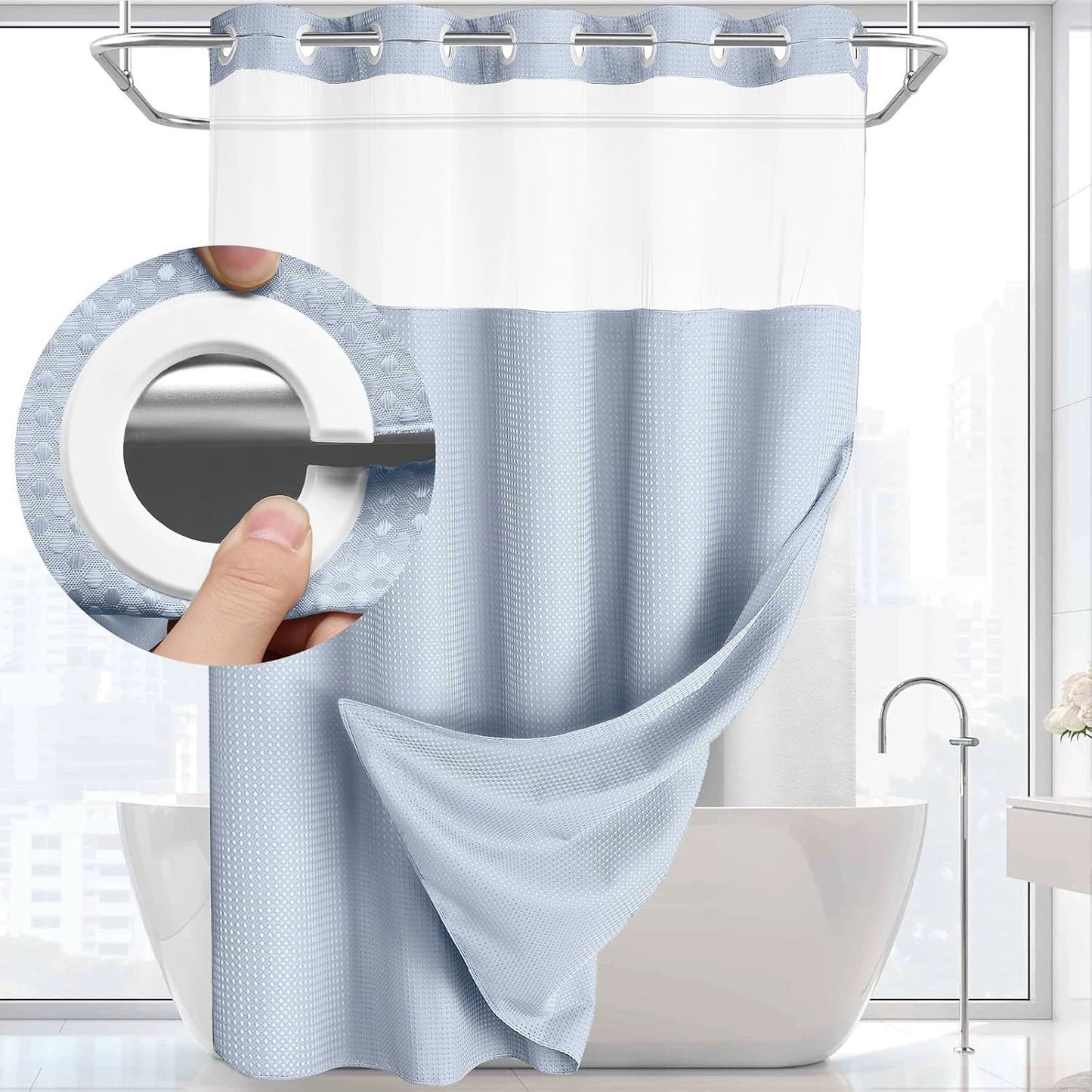 Hookless Shower Curtain with Snap-in Liner – Waterproof Double-Layer Design – Fabric Curtain with Waterproof Liner (White)