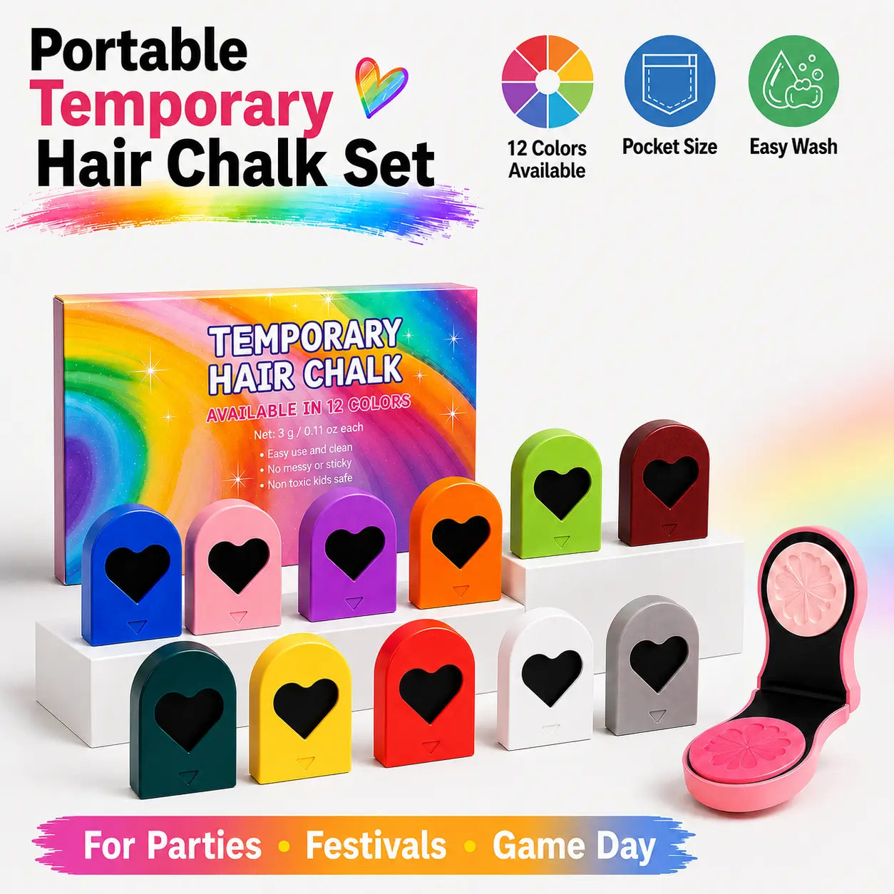 🌈 Instant Hair Color Magic – Washable Temporary Hair Chalk Set ✨