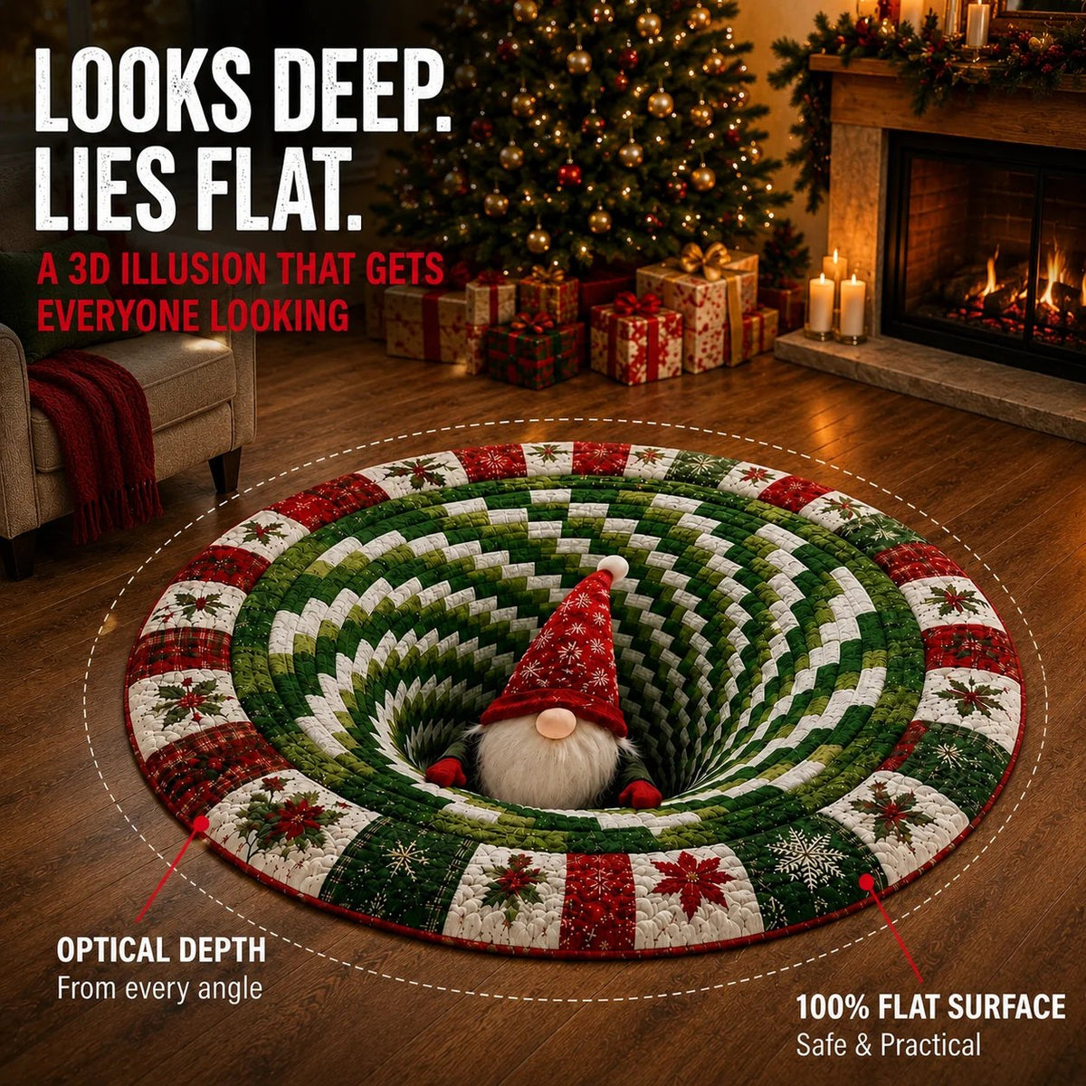 🎄3D Christmas Gnome Optical Illusion Round Rug | Fun Festive Home Decor Must‑Have⭐🏠🎁