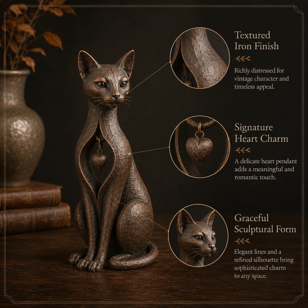 Heritage Heart Sphynx Sculpture – Vintage Iron Cat Accent for Timeless Interiors