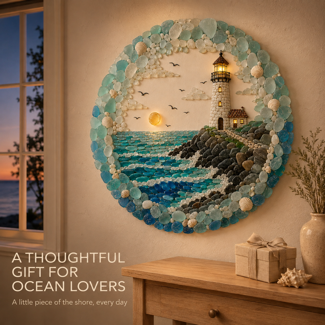 ⏳ Last Day 49% OFF – 🌊✨ Lighthouse Sea Glass Art | Coastal Ocean Wall Décor with Lighthouse, Waves & Seashell Details 🐚🏠