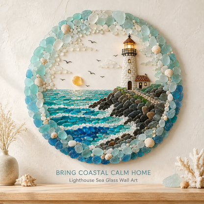 ⏳ Last Day 49% OFF – 🌊✨ Lighthouse Sea Glass Art | Coastal Ocean Wall Décor with Lighthouse, Waves & Seashell Details 🐚🏠