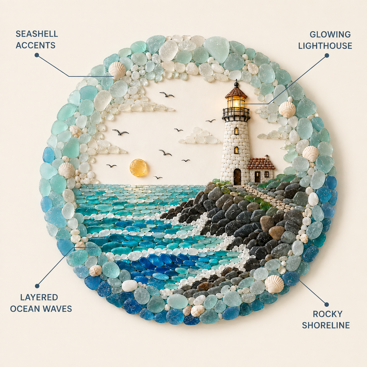 ⏳ Last Day 49% OFF – 🌊✨ Lighthouse Sea Glass Art | Coastal Ocean Wall Décor with Lighthouse, Waves & Seashell Details 🐚🏠