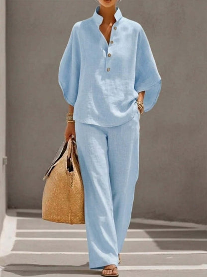 Women's Batwing Sleeve Linen Cotton Two-Piece Set – Casual Shirt & Wide Leg Pants Outfit