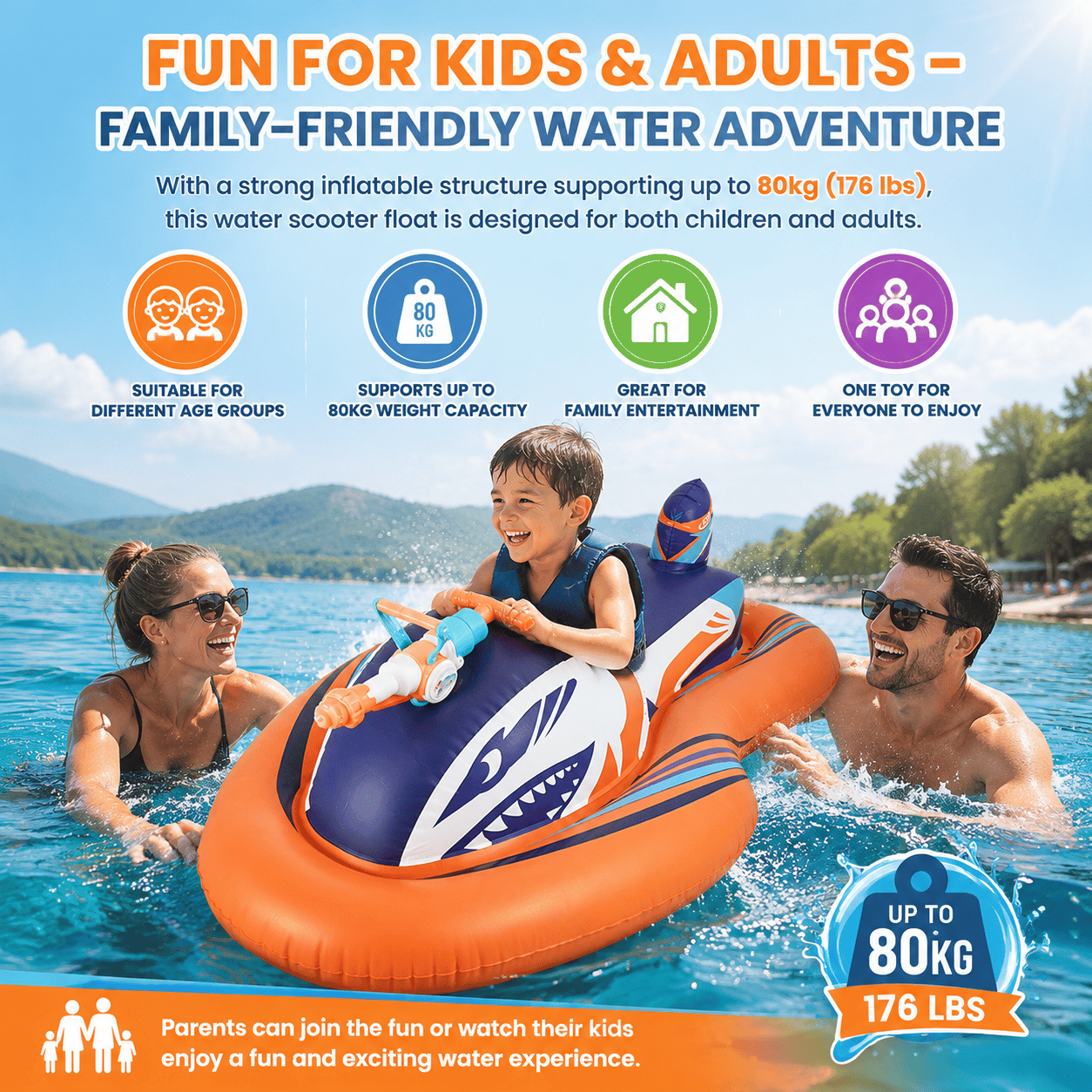 🌊 2-in-1 Shark Inflatable Jet Water Ski🚤 Built-in Water Gun