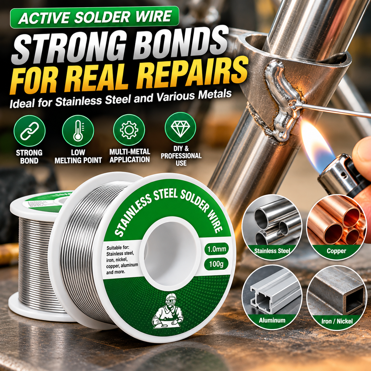 Stainless Steel Solder Wire – Active Soldering Wire for Metal Repairs, 1.0mm / 100g