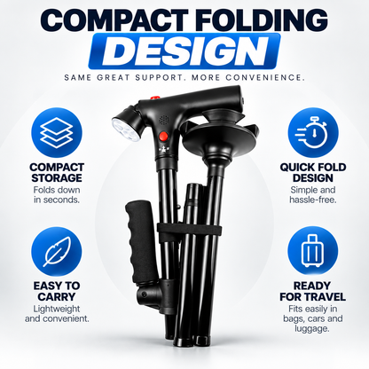 🦯LIMITED-TIME 50% OFF! 💡 SteadyGo™ Multifunction Folding Walking Cane – Built-In Light, Emergency Alarm, Quad Base & 5-Level Height Adjustment✨