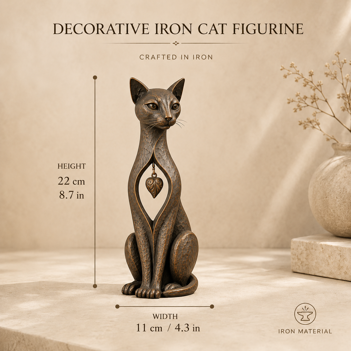 Heritage Heart Sphynx Sculpture – Vintage Iron Cat Accent for Timeless Interiors