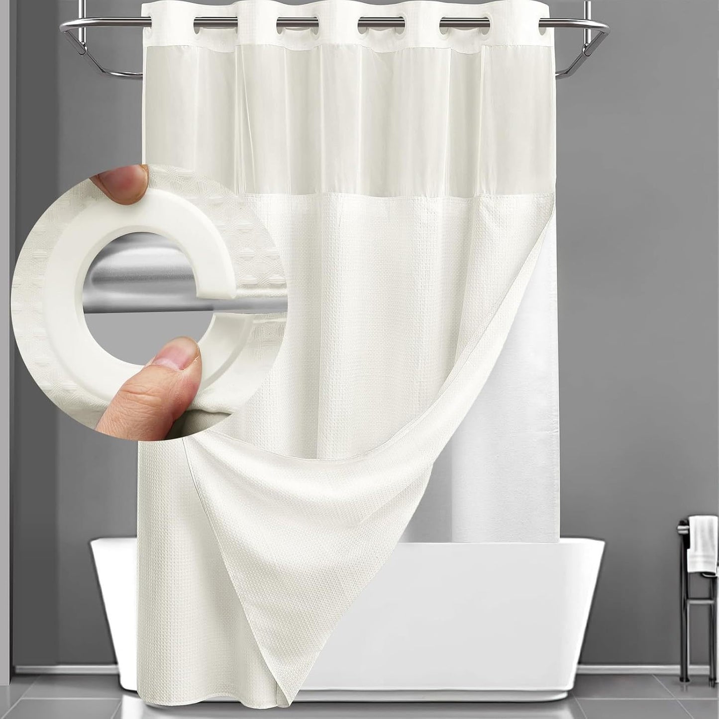 Hookless Shower Curtain with Snap-in Liner – Waterproof Double-Layer Design – Fabric Curtain with Waterproof Liner (White)