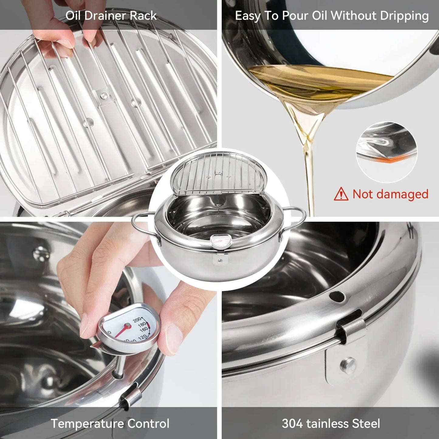 🥗Kitchen Essentials 🍳 304 Stainless Steel Deep Fryer Pot – Thermometer, Oil Drain Rack, Splatter-Proof Lid