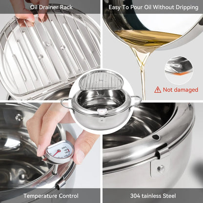 🥗Kitchen Essentials 🍳 304 Stainless Steel Deep Fryer Pot – Thermometer, Oil Drain Rack, Splatter-Proof Lid