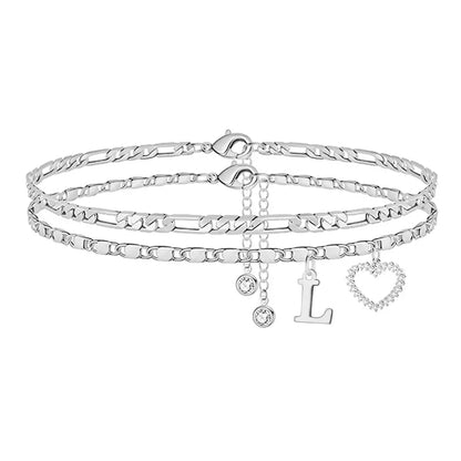 🎁 14k-Gold Plated-Double-Layer 26-Letter-Tone Chain Heart-Shaped Anklet with a heart-shaped pendant