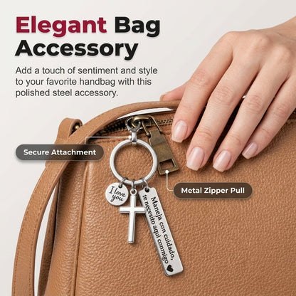 Keychain with Cross and "I Love You" Charm – Stainless Steel "Drive Safely" Ring (Spanish Inscription)