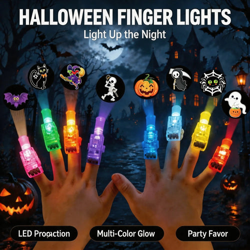 Halloween LED Projection Finger Lights 8pcs/16pcs/24pcs , Multi-Color Light Up Finger Projectors with Pumpkin, Ghost, Witch, Bat Cartoon Patterns, Halloween Trick or Treat Goodie Bag Fillers