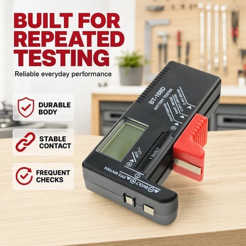Digital Battery Checker – Large LCD display shows exact remaining power. Compact & portable – test before you toss! 🧪💪