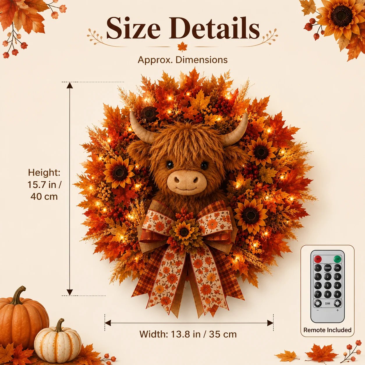 🍂🐮Autumn Highland cow wreath decoration with lights