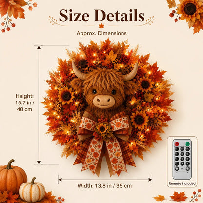 🍂🐮Autumn Highland cow wreath decoration with lights