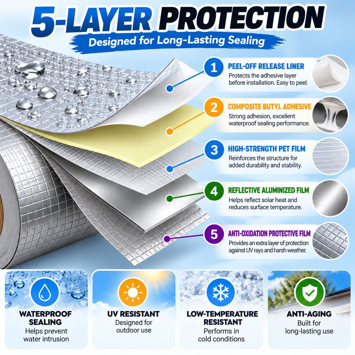 🏠 5-Layer Heavy-Duty Waterproof Butyl Tape – Self-Adhesive Roof Leak Repair & Sealing Tape