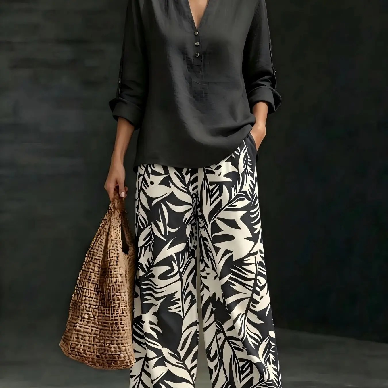🔥Women's fashion casual two-piece set featuring a V-neck top with design details paired with wide-leg pants with a botanical pattern; comfortable and breathable, suitable for multiple occasions