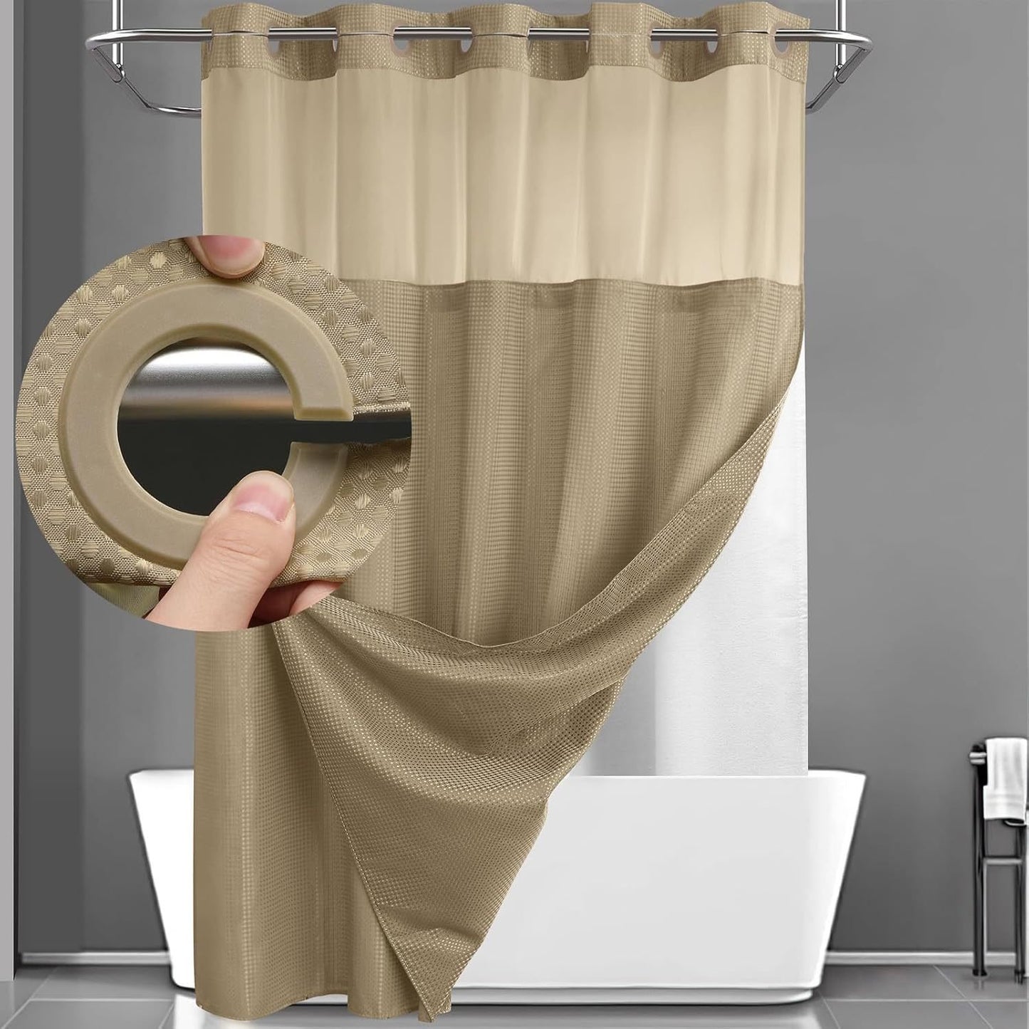 Hookless Shower Curtain with Snap-in Liner – Waterproof Double-Layer Design – Fabric Curtain with Waterproof Liner (White)