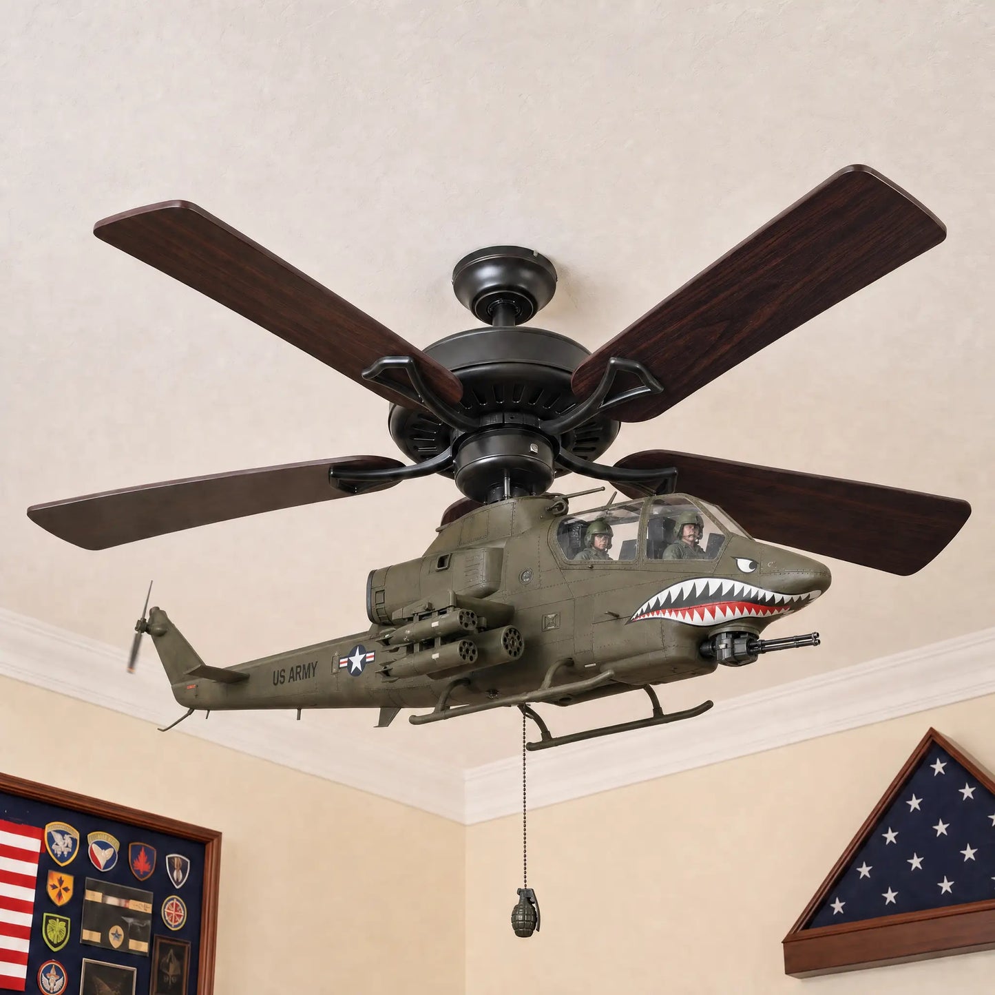 🚁 Military Helicopter Ceiling Fan Decor – Realistic Hanging Ornament for Man Cave & Home